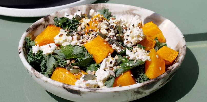 Potimarron rôti façon salade estivale, feta & pêche